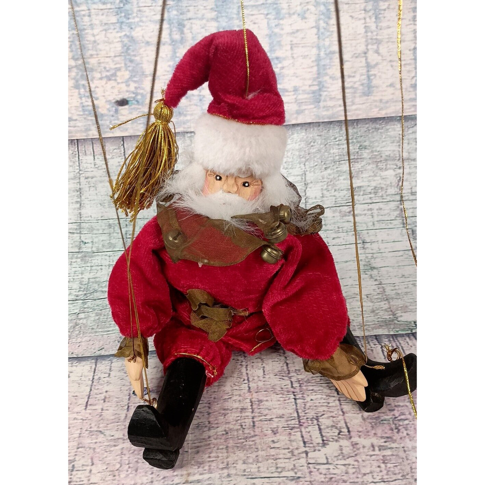 Vintage Marionette String Puppet Santa Claus Christmas Wooden/Cloth Hand Carved